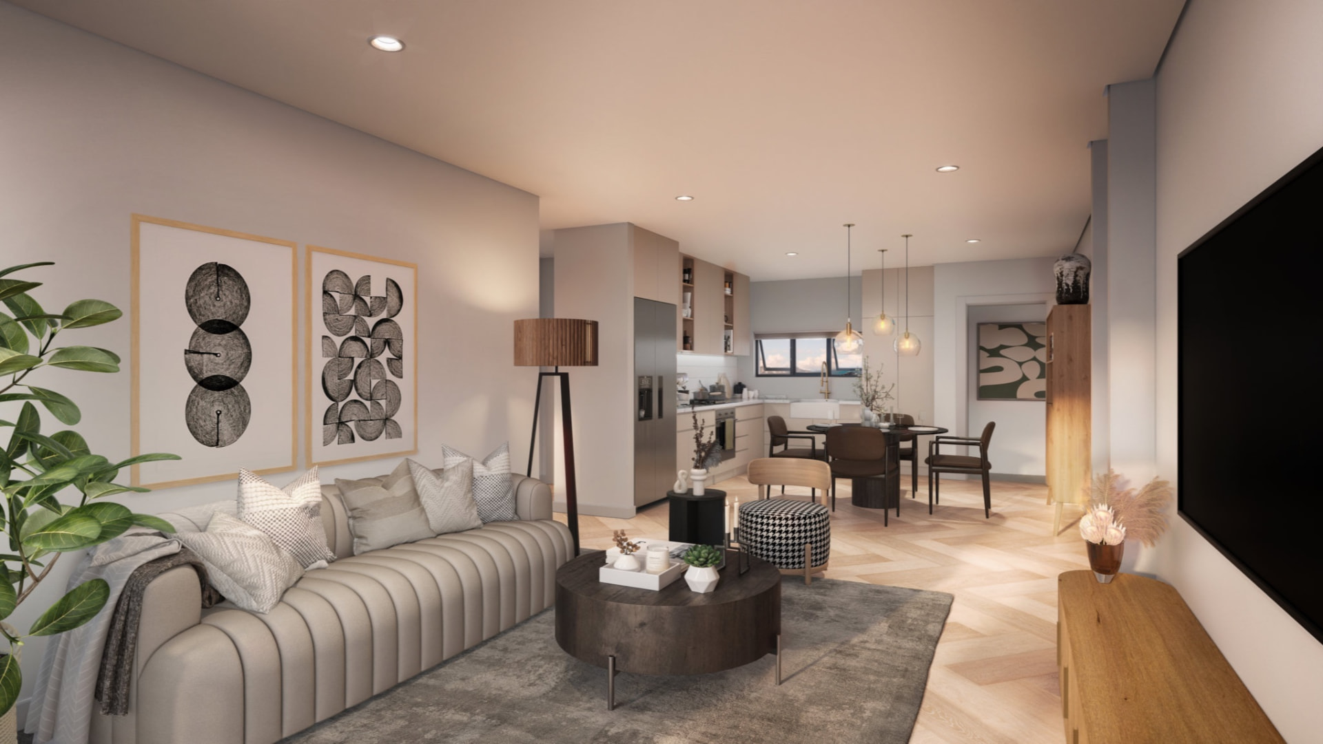 Original CGI rendering of the living room with kitchen beyond